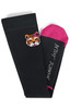 Two black compression socks featuring a pink toe and a tiger design with a flower, including a logo.