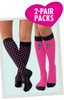 Two pairs of compression socks: one with black polka dots and one in pink featuring butterfly designs. Each has a logo.