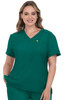 A green medical scrub top with a V-neck and short sleeves, featuring a small logo on the chest pocket.