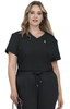 A woman wearing a black V-neck top with a pocket, featuring a subtle branding logo.