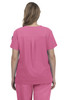 A pink scrub top with a back pleat, designed for comfort and style, featuring a logo on the sleeve.