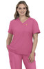A top in vibrant pink featuring a V-neck design and a pocket, worn by a model with wavy hair.