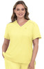 A medical scrub top in bright yellow with a V-neck and a pocket, featuring a small logo.