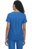A blue medical scrub top with a pleat detail, worn by a person seen from the back. The top features a small logo.