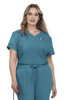 A scrubs outfit in teal with a V-neck top, featuring a pocket and drawstring pants, with a logo on the top.