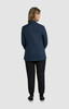 A navy blue women's jacket viewed from the back, paired with black pants. The jacket has a simple design and features a logo.