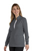 A women's grey jacket with a zip front, featuring two front pockets and a collar. It has a logo on it.