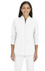 A women's jacket in white, featuring a zip front, pockets, and a fitted design, with a logo on the upper left.
