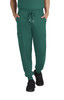 A pair of green jogger pants with side pockets and an elastic waistband, featuring a logo on the front.