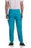 A pair of turquoise joggers featuring side pockets and a relaxed fit, seen from the back.