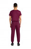 A maroon jogger set featuring a short-sleeve top and matching pants, with a logo on the back.