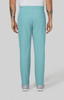 A pair of turquoise cargo pants with an elastic waistband and multiple pockets, viewed from the back.