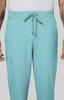 A pair of aqua blue cargo pants with an elastic waistband and multiple pockets, featuring branding.
