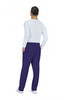 A pair of purple cargo pants displayed on a model from a rear view, paired with a white long-sleeve top.