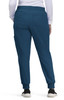 Blue jogger pants with a relaxed fit, featuring pockets and elastic cuffs, worn by a person from behind.