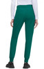 A pair of teal jogger pants with a tapered fit and cuffed hems, featuring pockets and an elastic waistband.