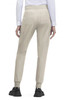 A pair of light beige jogger pants with side pockets, featuring elastic cuffs and a relaxed fit.