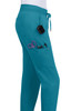 A pair of teal jogger pants featuring pockets for tools and a drawstring waistband.