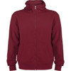 A burgundy hooded sweatshirt with a zip front and pockets. It features a logo on the front.