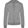 A grey hooded sweatshirt with a zip front and a logo on the label.