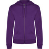 A purple hooded sweatshirt featuring a front zip and pockets, with a logo on the front.