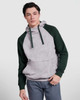 A hooded sweatshirt in grey with green raglan sleeves and a front pocket, featuring a logo on the chest.