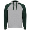 A hooded sweatshirt featuring a grey body and dark green sleeves, complete with a kangaroo pocket and a logo.