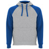 A hooded sweatshirt featuring a grey body and blue raglan sleeves, complete with a drawstring hood.