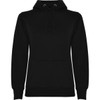 A black hooded sweatshirt featuring a front pocket and adjustable drawstrings, with a subtle logo.