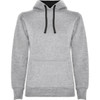 A grey hooded sweatshirt with a black drawstring and front pocket. It features a simple design and includes a logo.