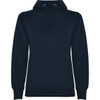 A navy hooded sweatshirt featuring a front pocket and a drawstring hood. It includes a logo on the front.