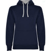 A navy hooded sweatshirt with a grey interior and drawstrings, featuring a front pocket and a logo.