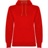 A red hooded sweatshirt featuring a kangaroo pocket and drawstring hood, with a logo on the front.