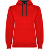 A red hooded sweatshirt featuring a black drawstring and front pocket. It has a logo on the front.