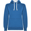 A blue women's hooded sweatshirt with a front pocket and white drawstrings. It features a logo on the front.