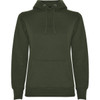 A green hooded sweatshirt featuring a front pocket and drawstring hood. It has a branding logo.
