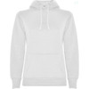 A white hooded sweatshirt with a front pocket and adjustable drawstrings. It features a logo on the design.