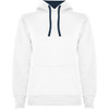 A white hooded sweatshirt with a navy blue drawstring and a front pocket. It features a logo.