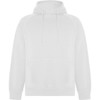 A white hooded sweatshirt featuring a front pocket and a drawstring hood. It includes a logo on the design.