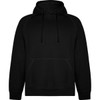 A black hooded sweatshirt featuring a front kangaroo pocket and adjustable drawstrings. It has a logo on it.