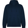 A navy Vinson hooded sweatshirt featuring a kangaroo pocket and a hood, with a simple logo on the front.