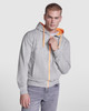 A grey hooded sweatshirt with an orange hood and drawstrings, featuring a front zip and pockets.