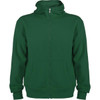 A green hooded sweatshirt with a zip-up front and pockets, featuring a logo on the chest.
