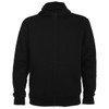 A black hooded sweatshirt with a zip closure and a logo. The design features a front pocket and long sleeves.