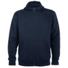 A navy hooded sweatshirt with a zip front and two front pockets, featuring a small logo on the chest.