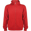 A red hooded sweatshirt with a zip front and two front pockets. It features a logo on the chest.