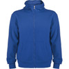 A blue hooded sweatshirt with a front zipper and pockets, featuring a logo on one side.