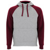 A hooded sweatshirt featuring a grey body with maroon sleeves and a matching hood, complete with drawstrings.