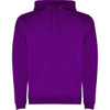 A purple hooded sweatshirt with a front pouch pocket and a drawstring hood. It features a logo.