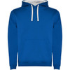 A blue hooded sweatshirt with a grey inner lining and a front pocket. It features a drawstring hood and a logo.